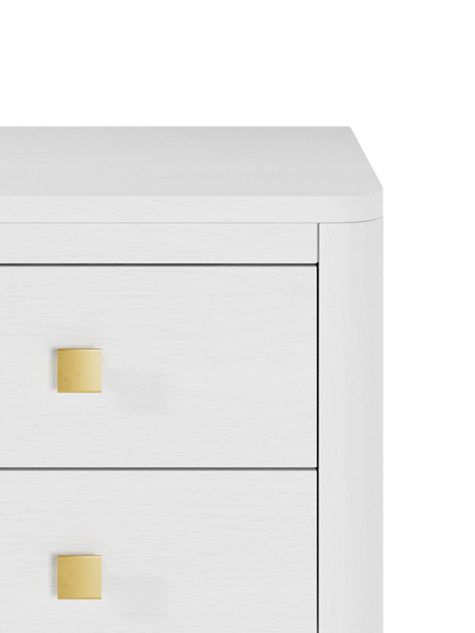 White Two Drawer Oak Bedside Table with gold coloured square handles