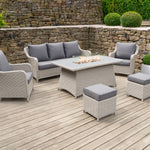 Dining outdoor furniture set is made from a UV protected, weatherproof, synthetic rattan