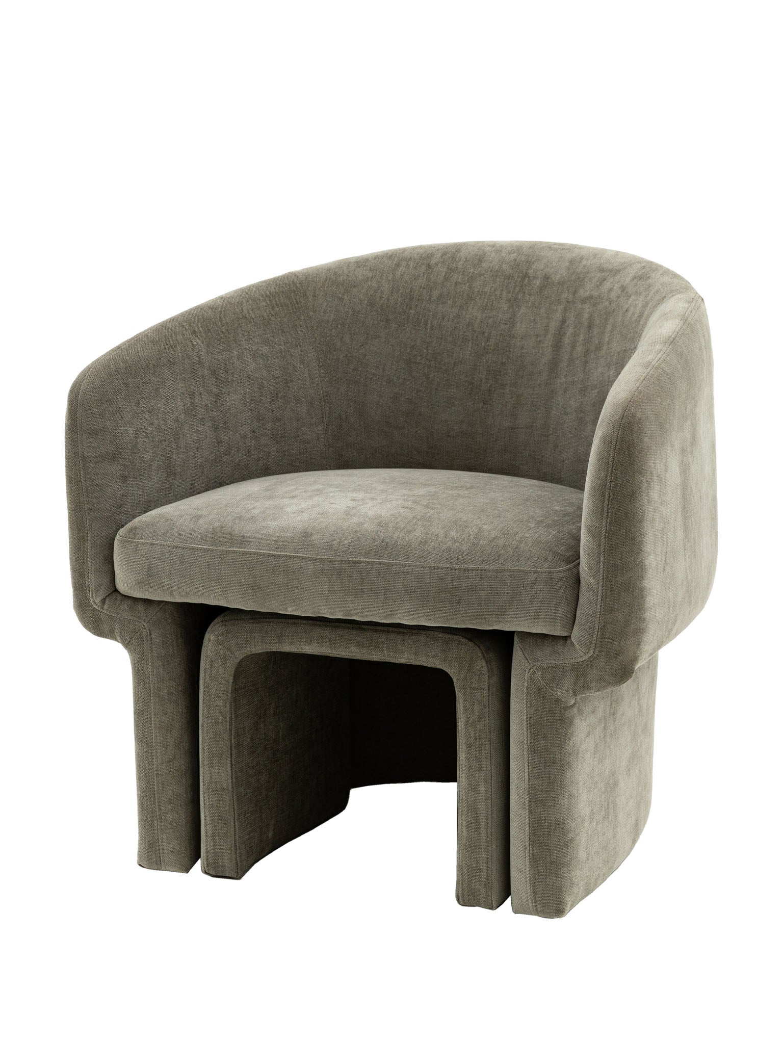GREY RETRO STYLE CHAIR WITH CURVED BACK AND FOOTSTOOL