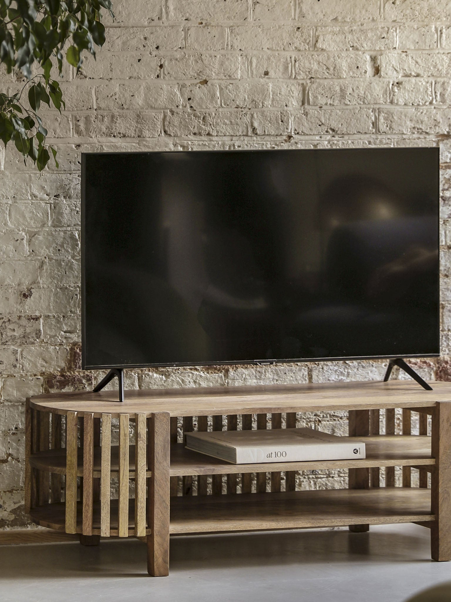 Media Unit with slatted design made from Acacia Wood