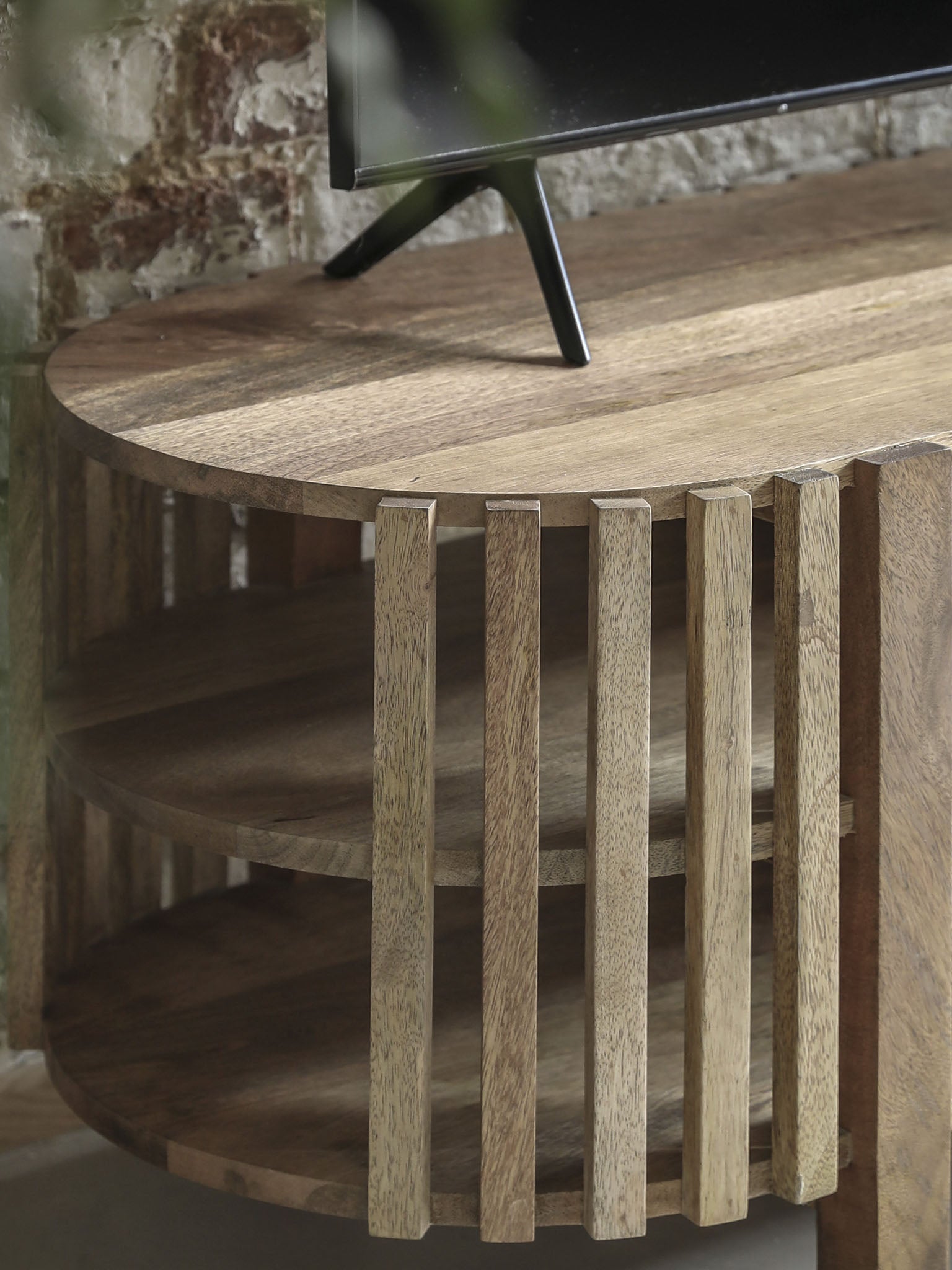 Media Unit with slatted design made from Acacia Wood