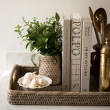 rattan tray with kitchen accessories