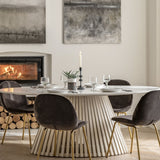 Oval Dining Table with Marble Top and Wooden Base