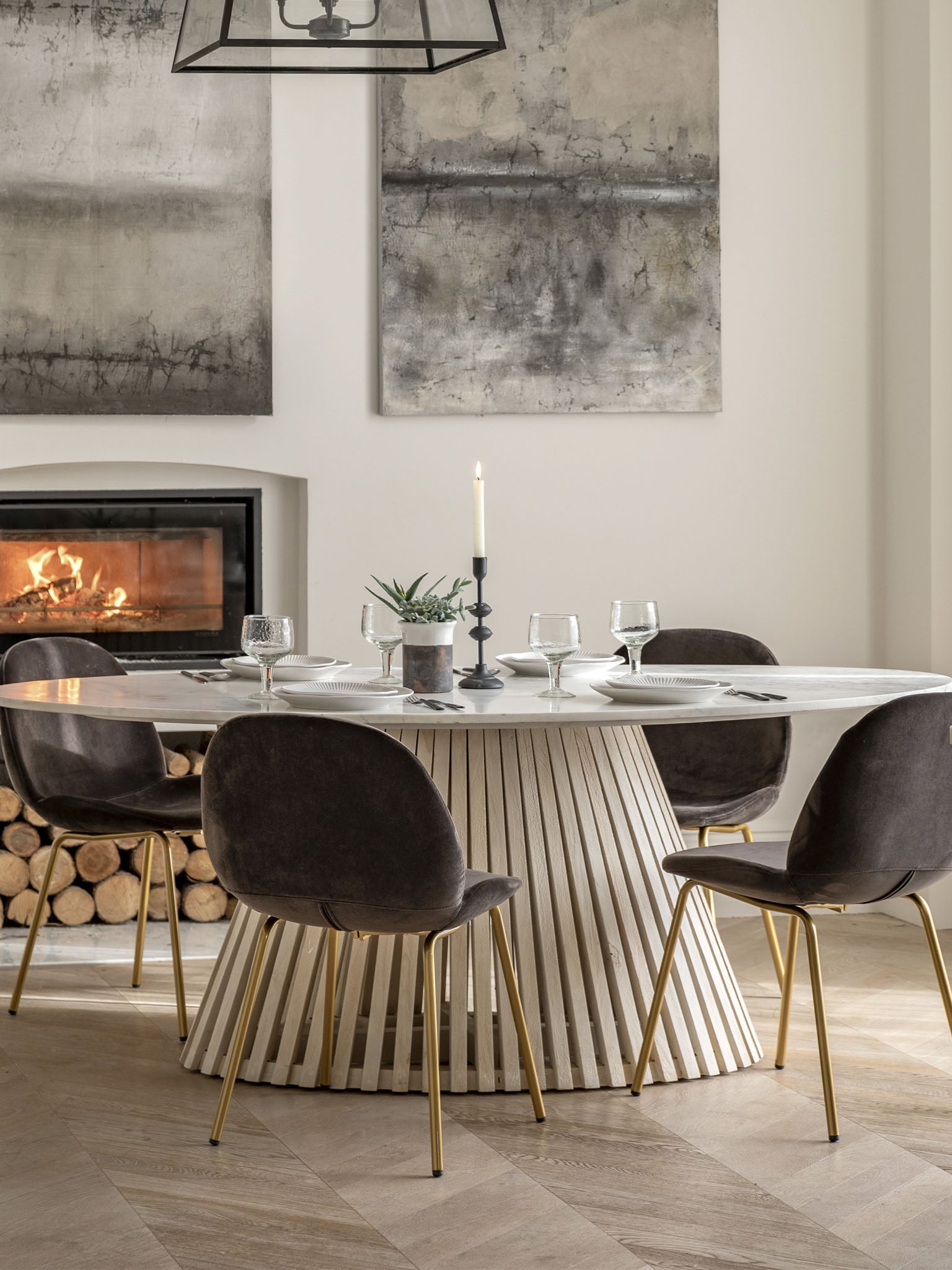 Oval Dining Table with Marble Top and Wooden Base