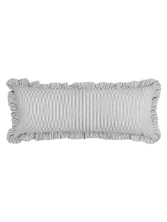 A black and white striped bolster cushion with ruffle edges on a plain background.
