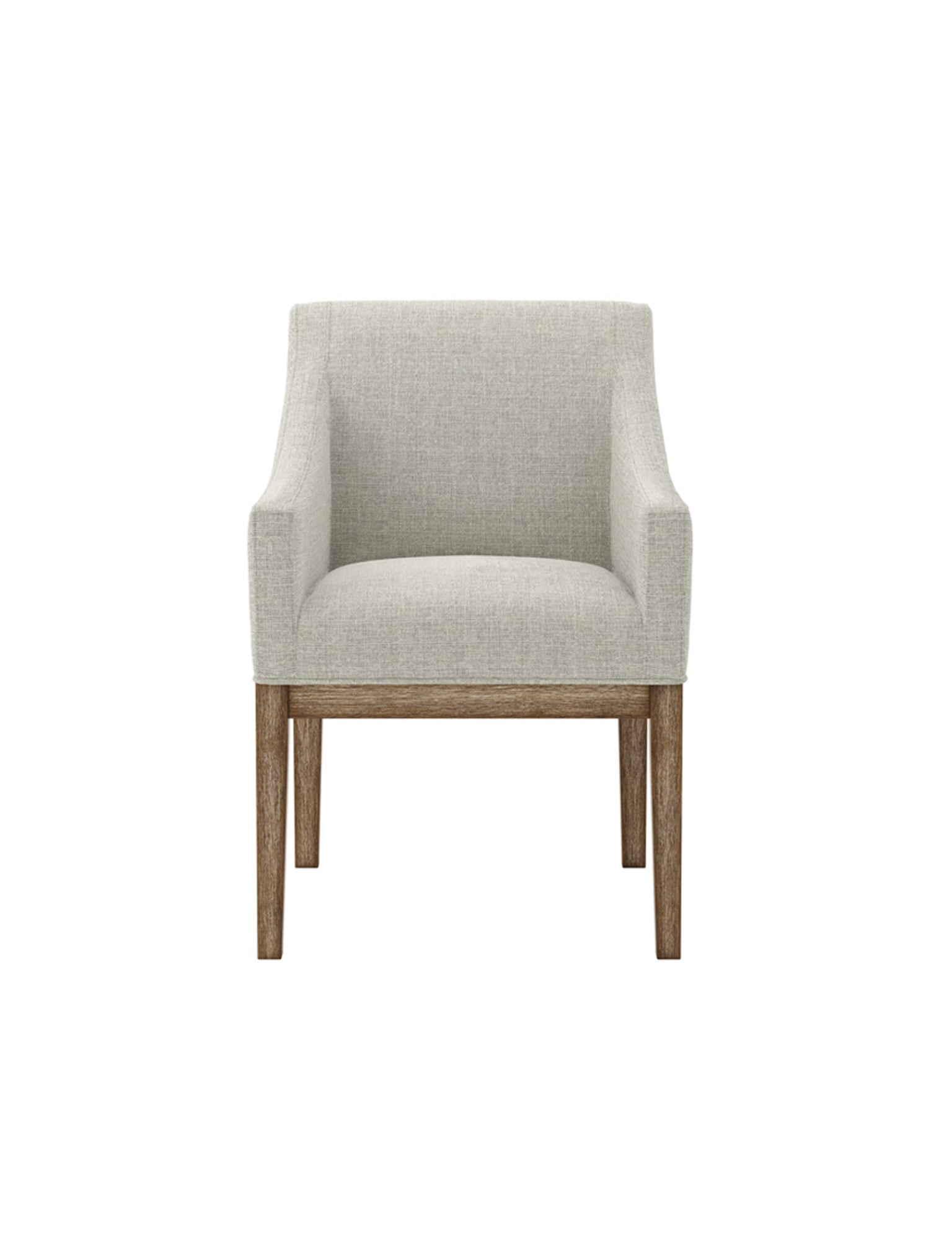 Light beige upholstered chair with wooden legs on a white background