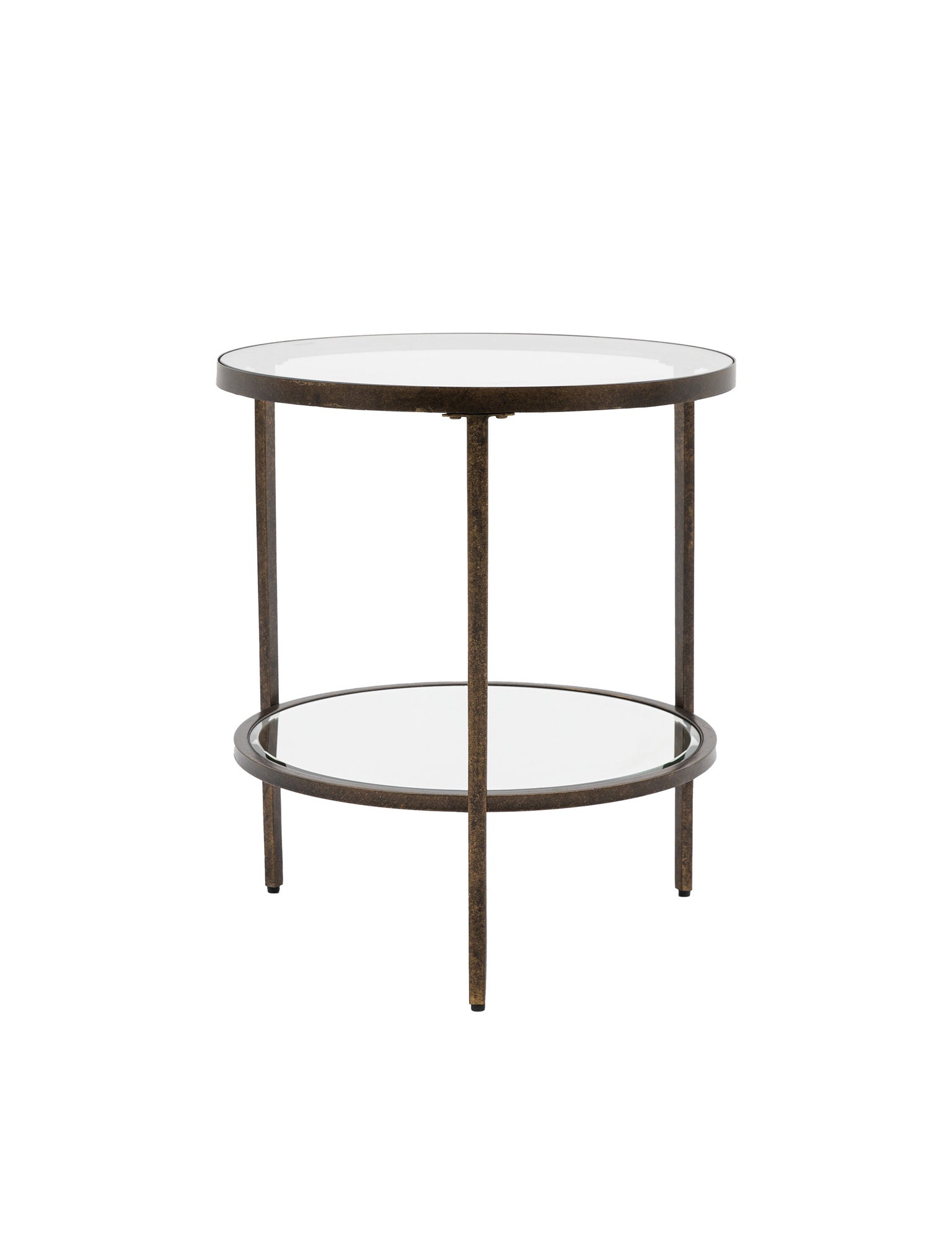 Round side table with two glass shelves on a white background