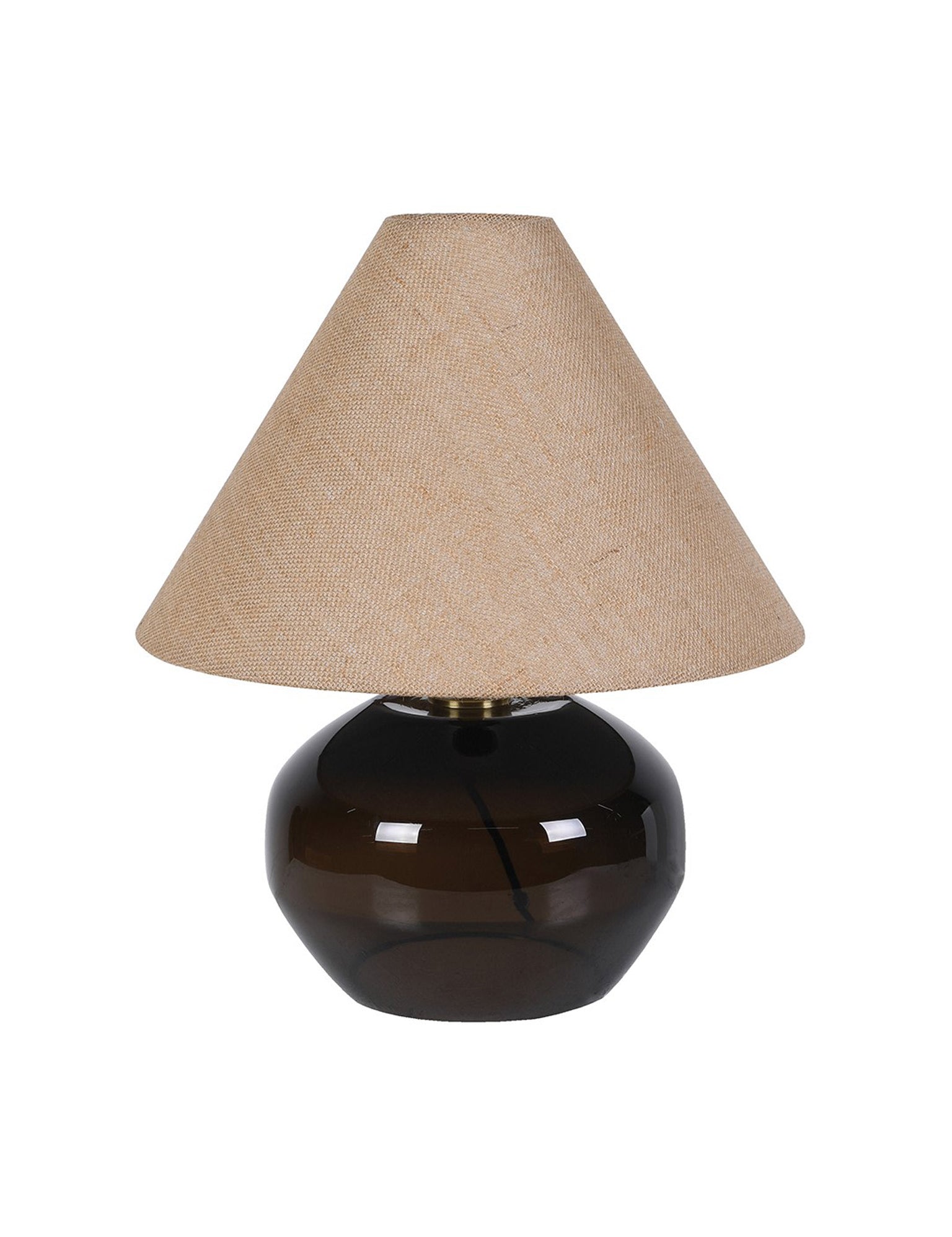 Table lamp with a brown glass base and beige fabric shade on a white background