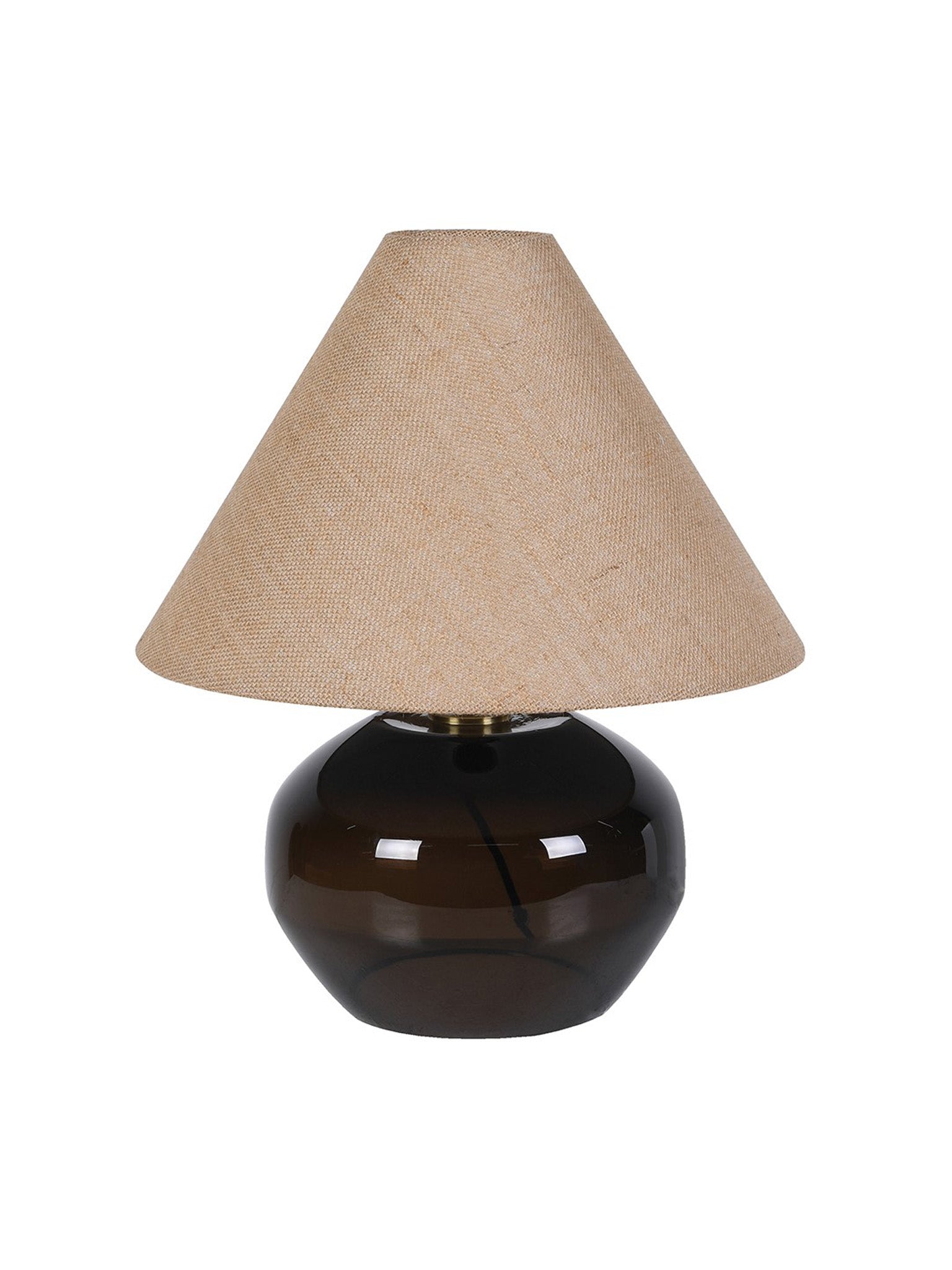 Table lamp with a brown glass base and beige fabric shade on a white background