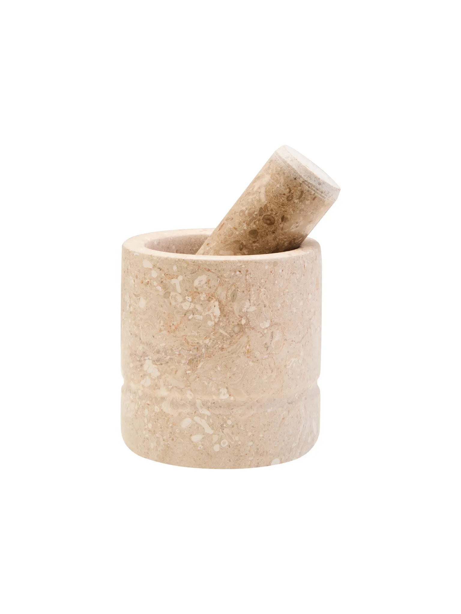 Beige stone mortar and pestle on a white background