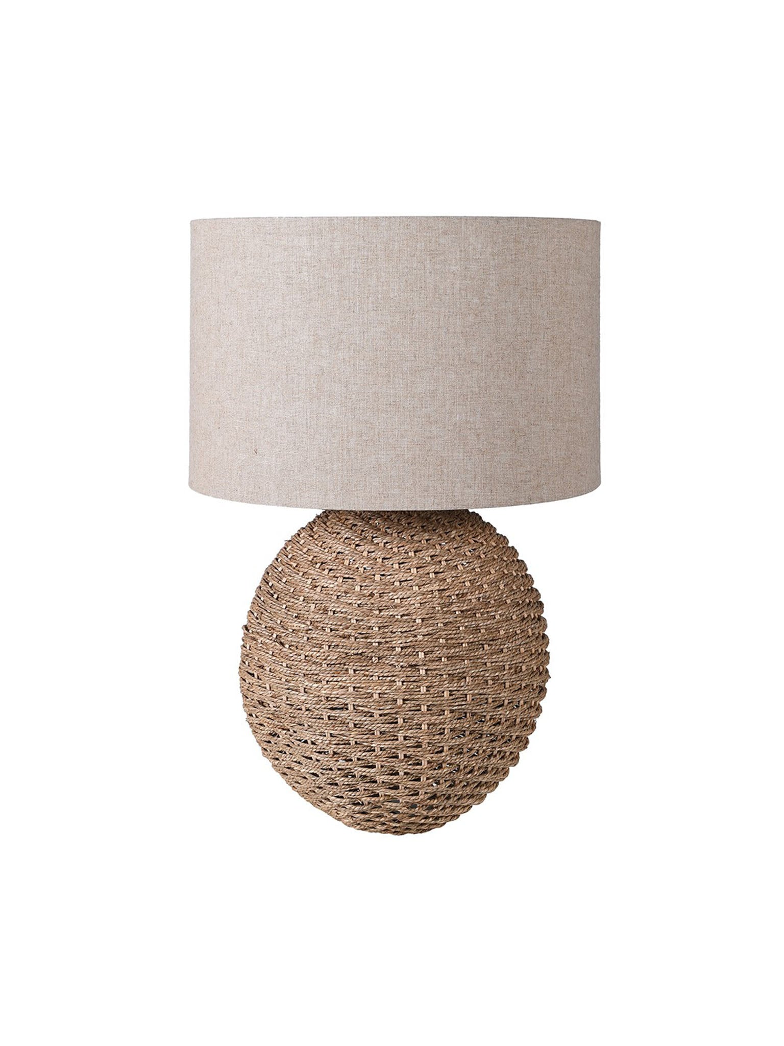 rattan lamp base and linen cylinder shade
