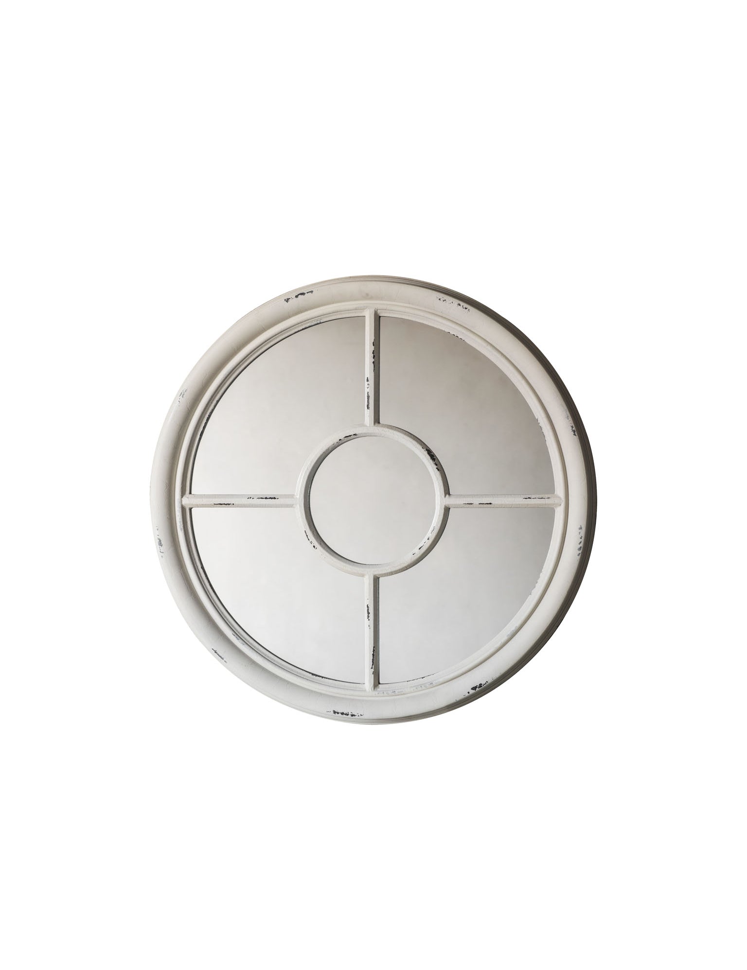 round distressed window mirror