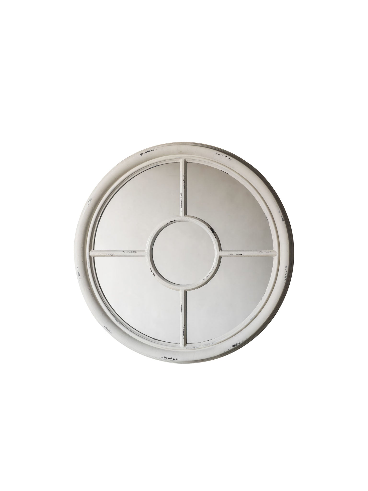 round distressed window mirror