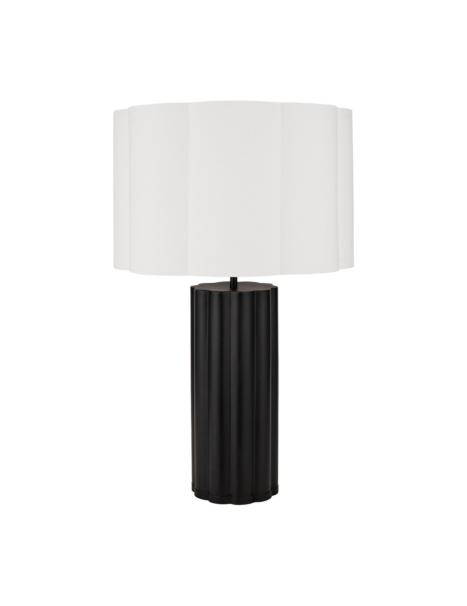 black metal lamp base with a scalloped white shade