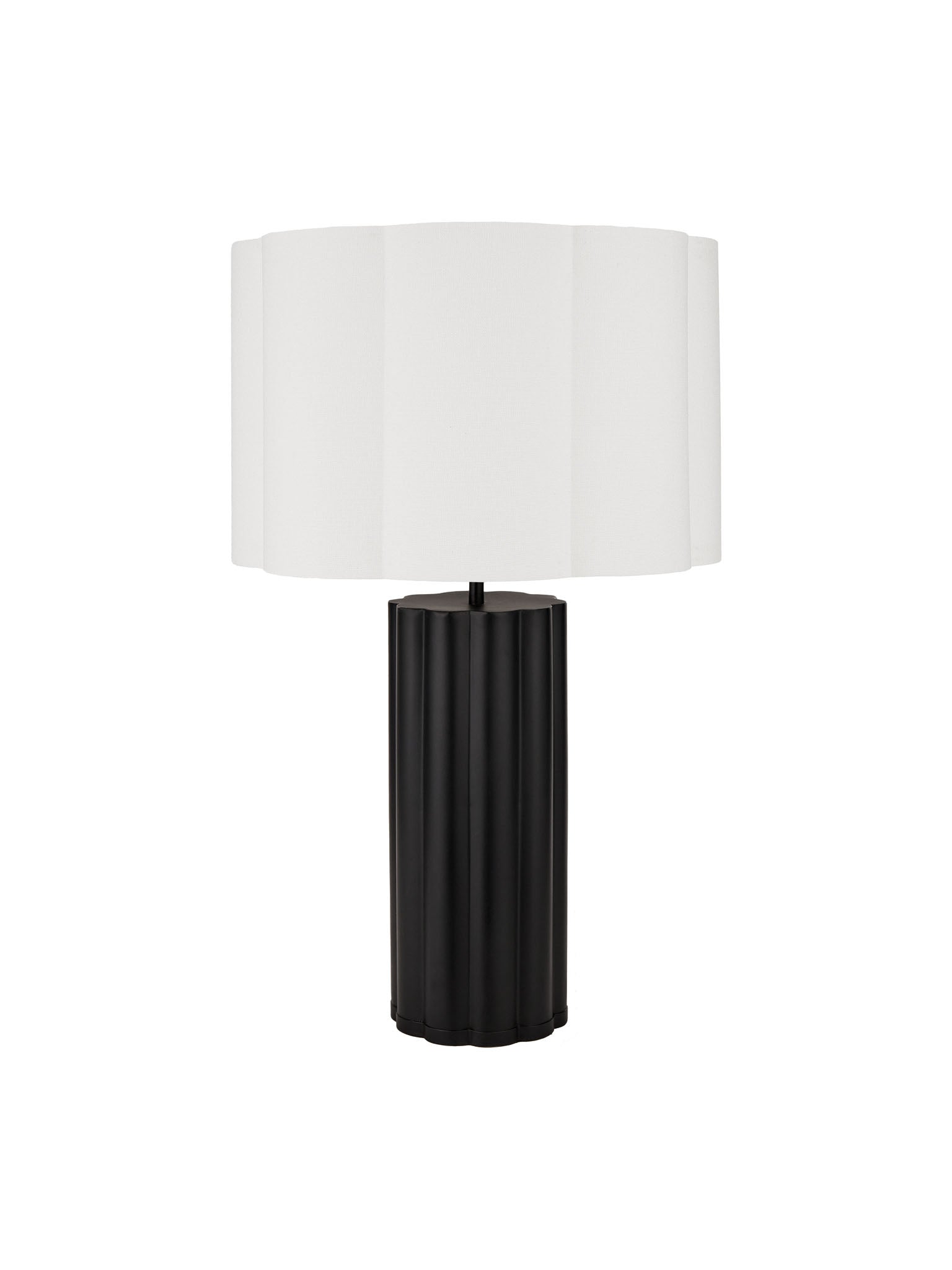 black metal lamp base with a scalloped white shade