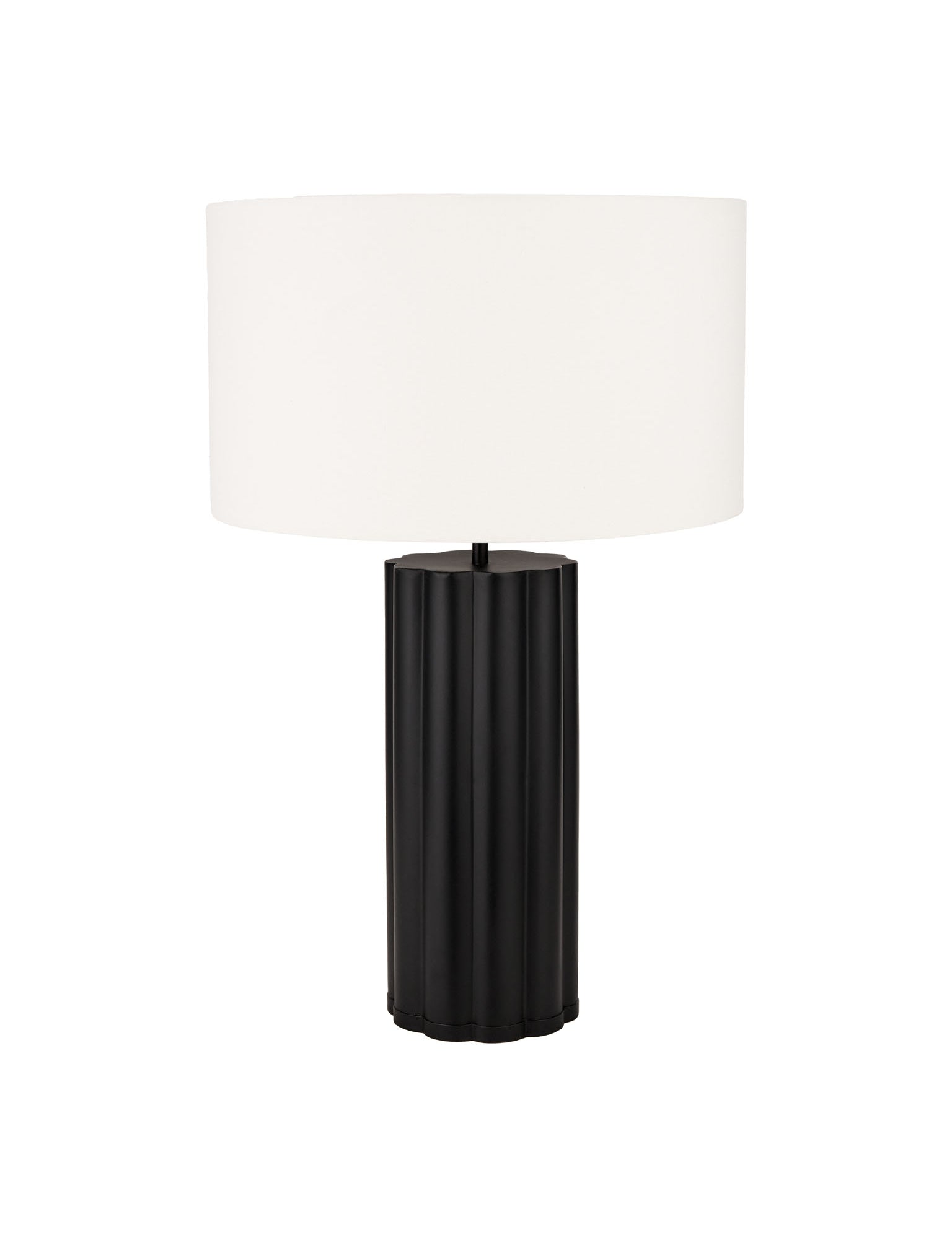 black metal base with a white cylinder shade