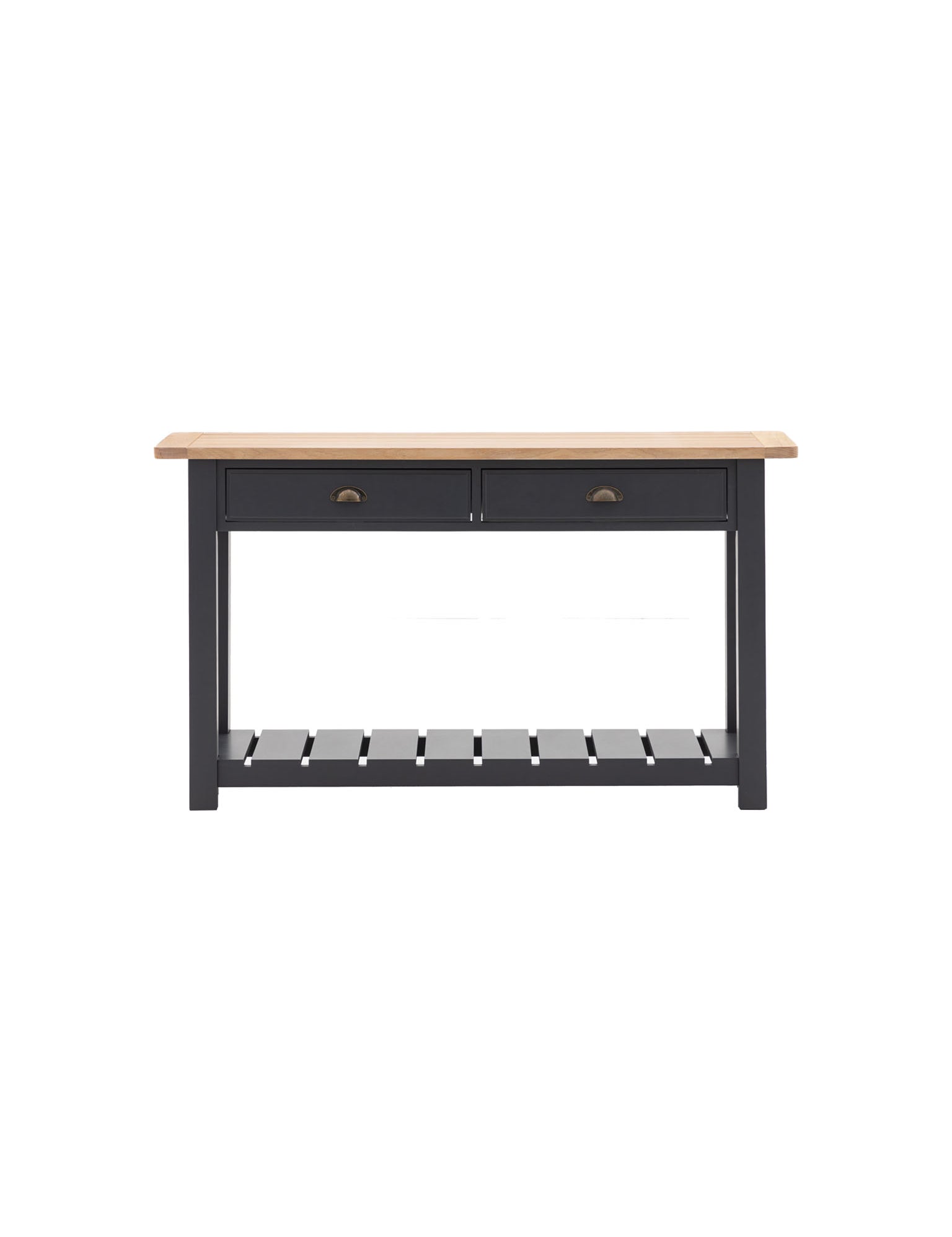 Farmhouse oak top console table painted in meteor