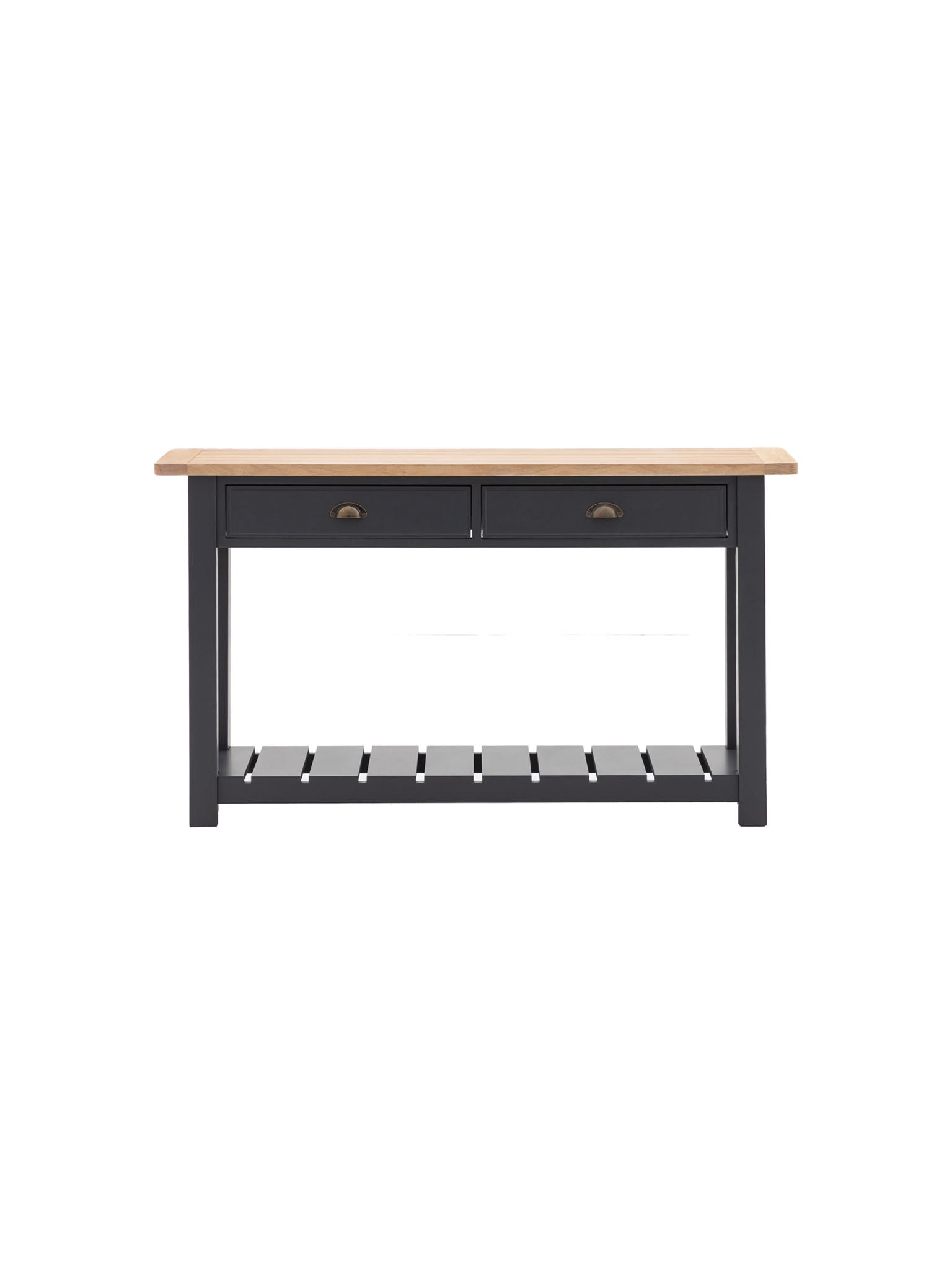 Farmhouse oak top console table painted in meteor