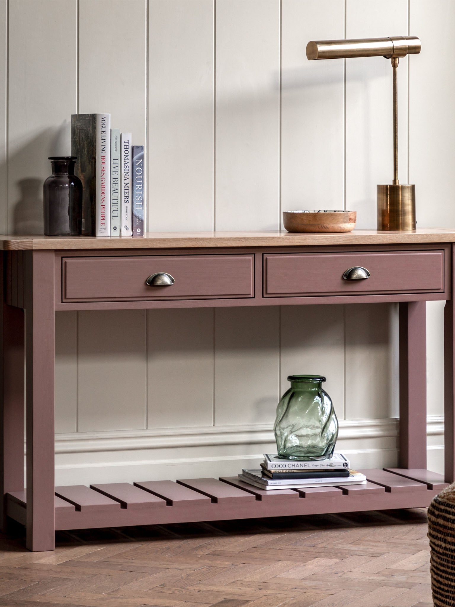 Farmhouse oak top console table painted in clay
