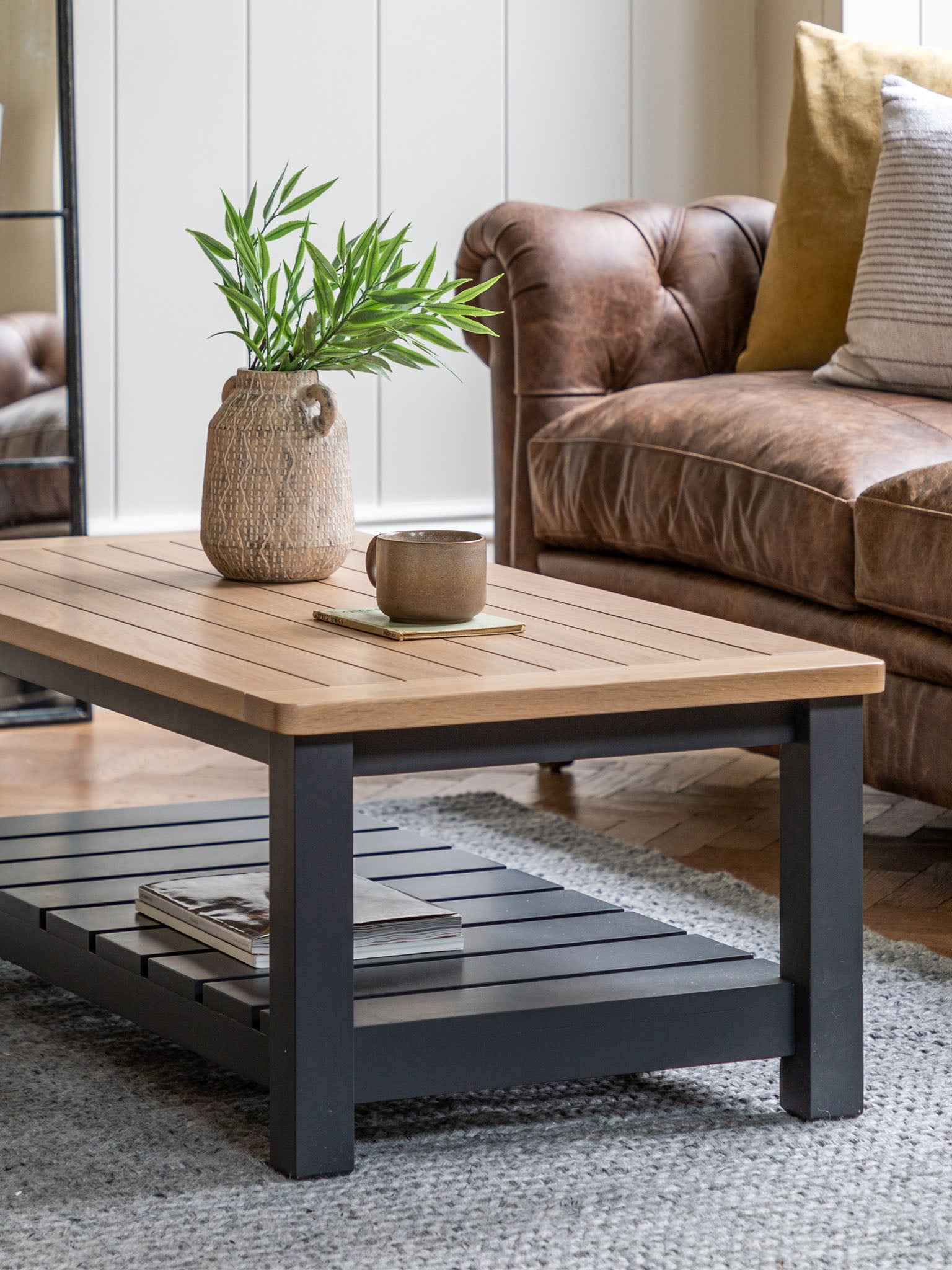 Farmhouse style oak top coffee table painted in meteor
