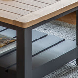 Farmhouse style oak top coffee table painted in meteor