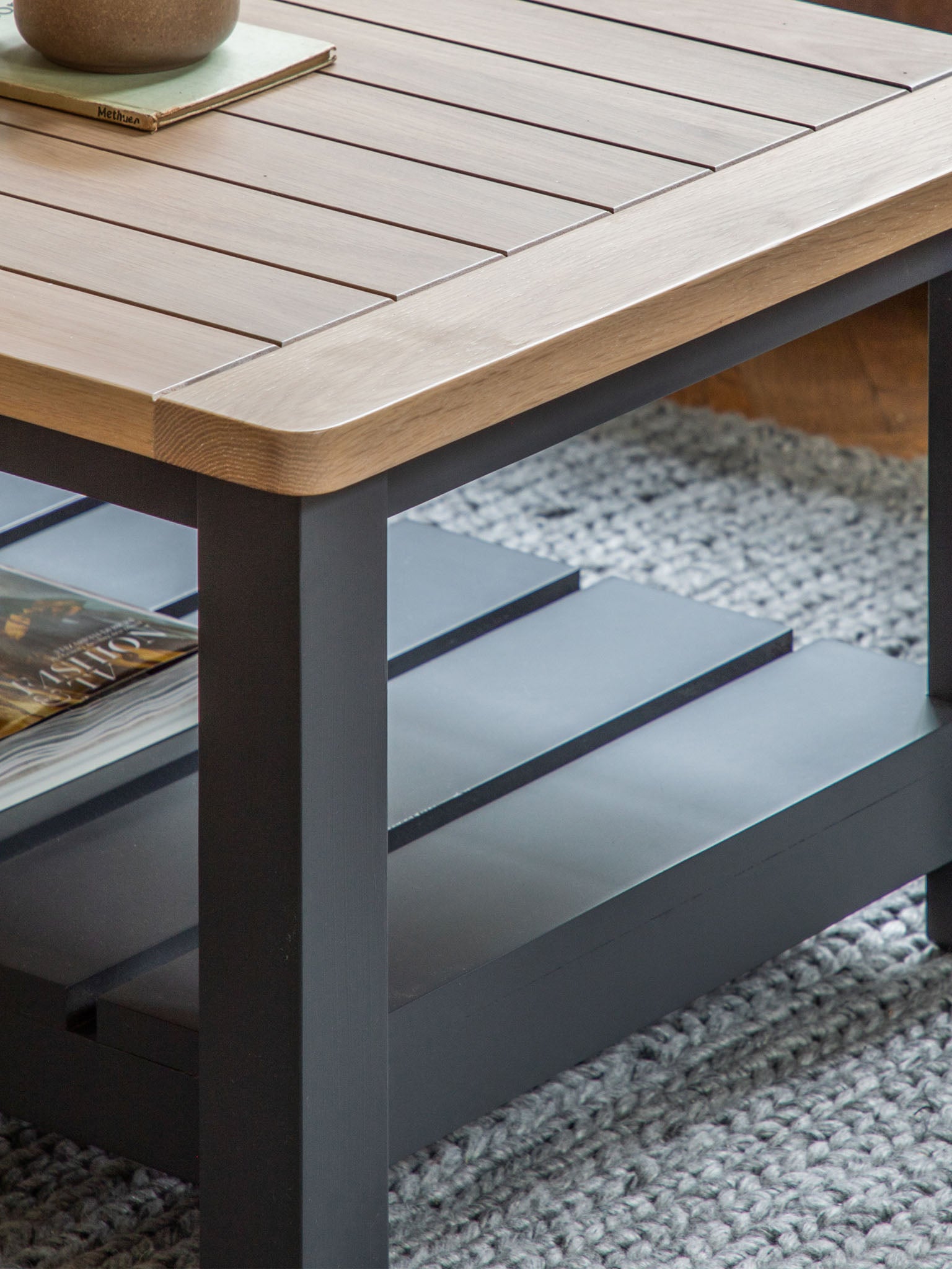 Farmhouse style oak top coffee table painted in meteor