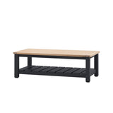 Farmhouse style oak top coffee table painted in meteor