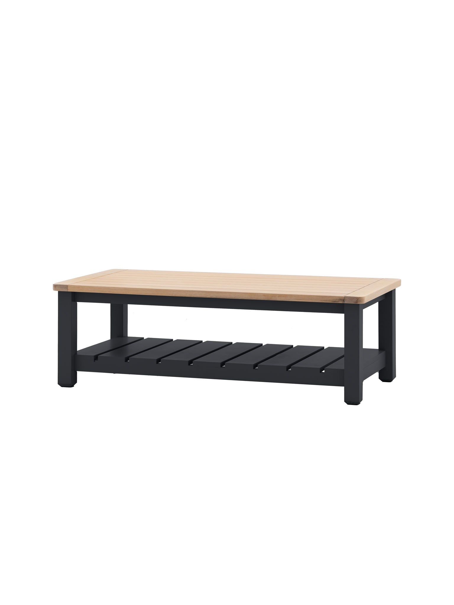 Farmhouse style oak top coffee table painted in meteor