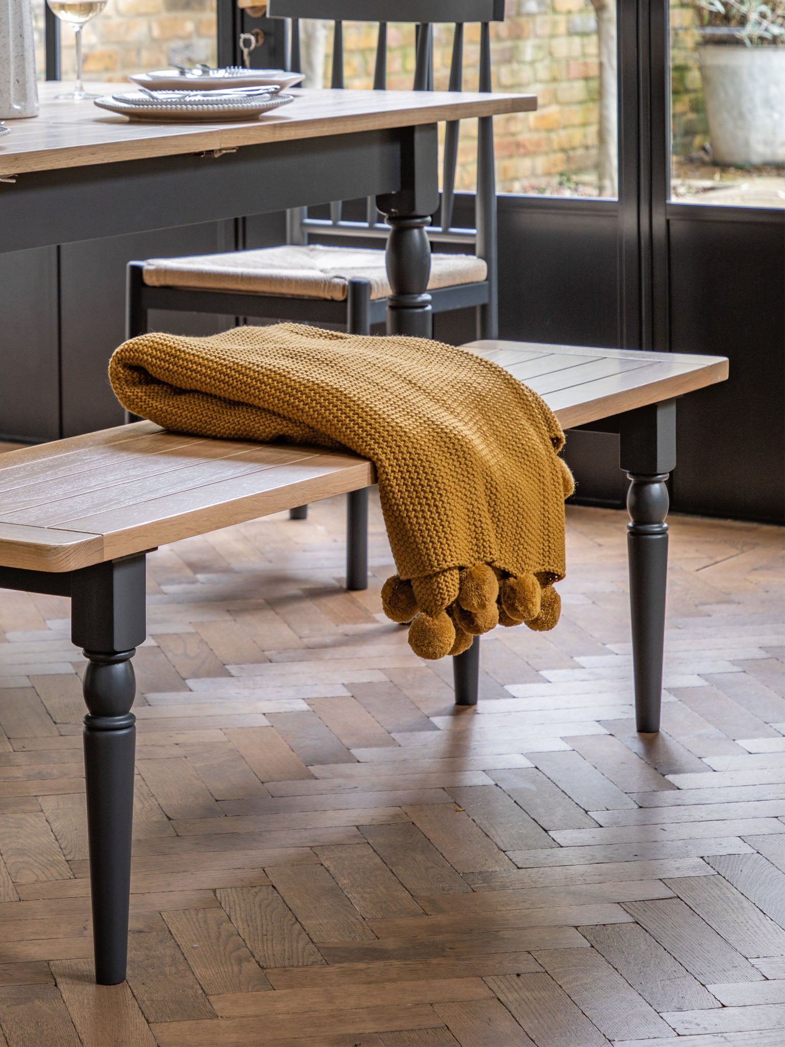 Farmhouse style Oak top Dining Bench painted in meteor