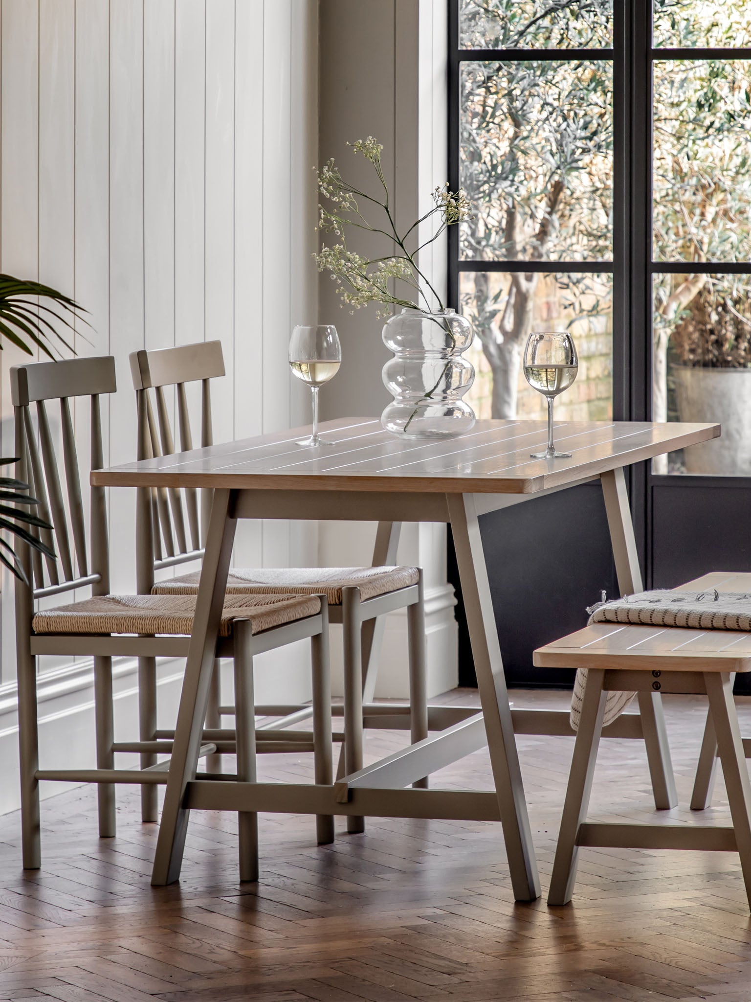 Farmhouse Oak Top Trestle table painted in olive