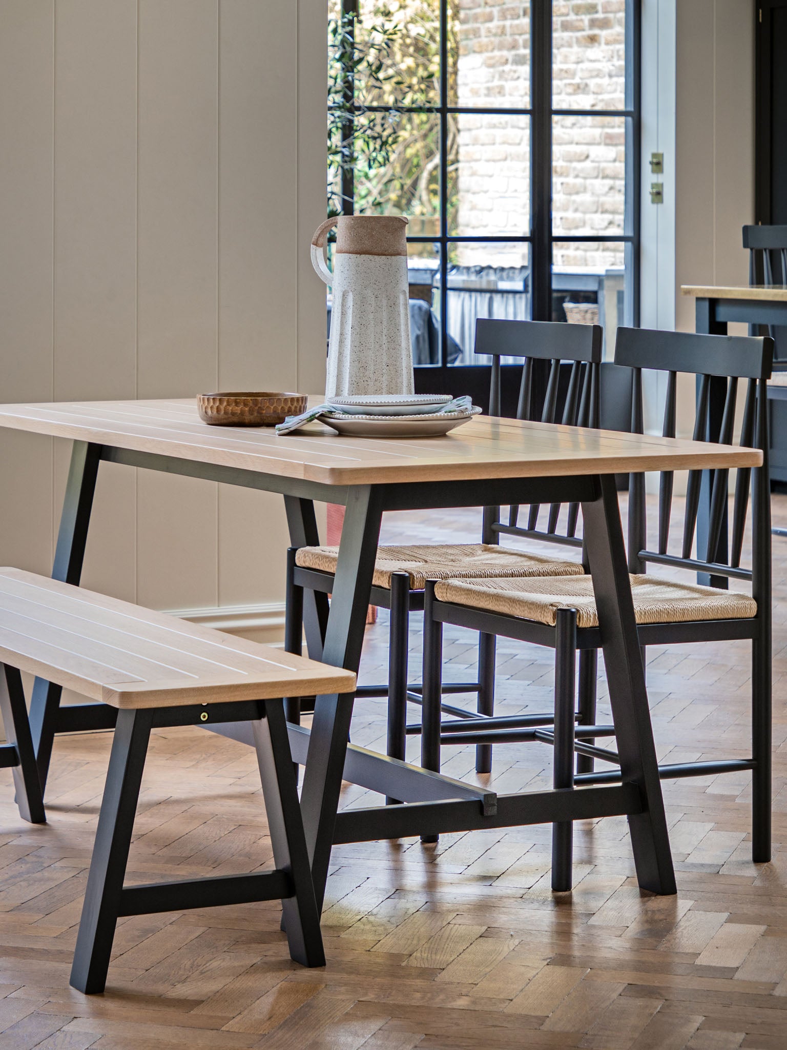 Farmhouse Oak Top Trestle table painted in ink blue