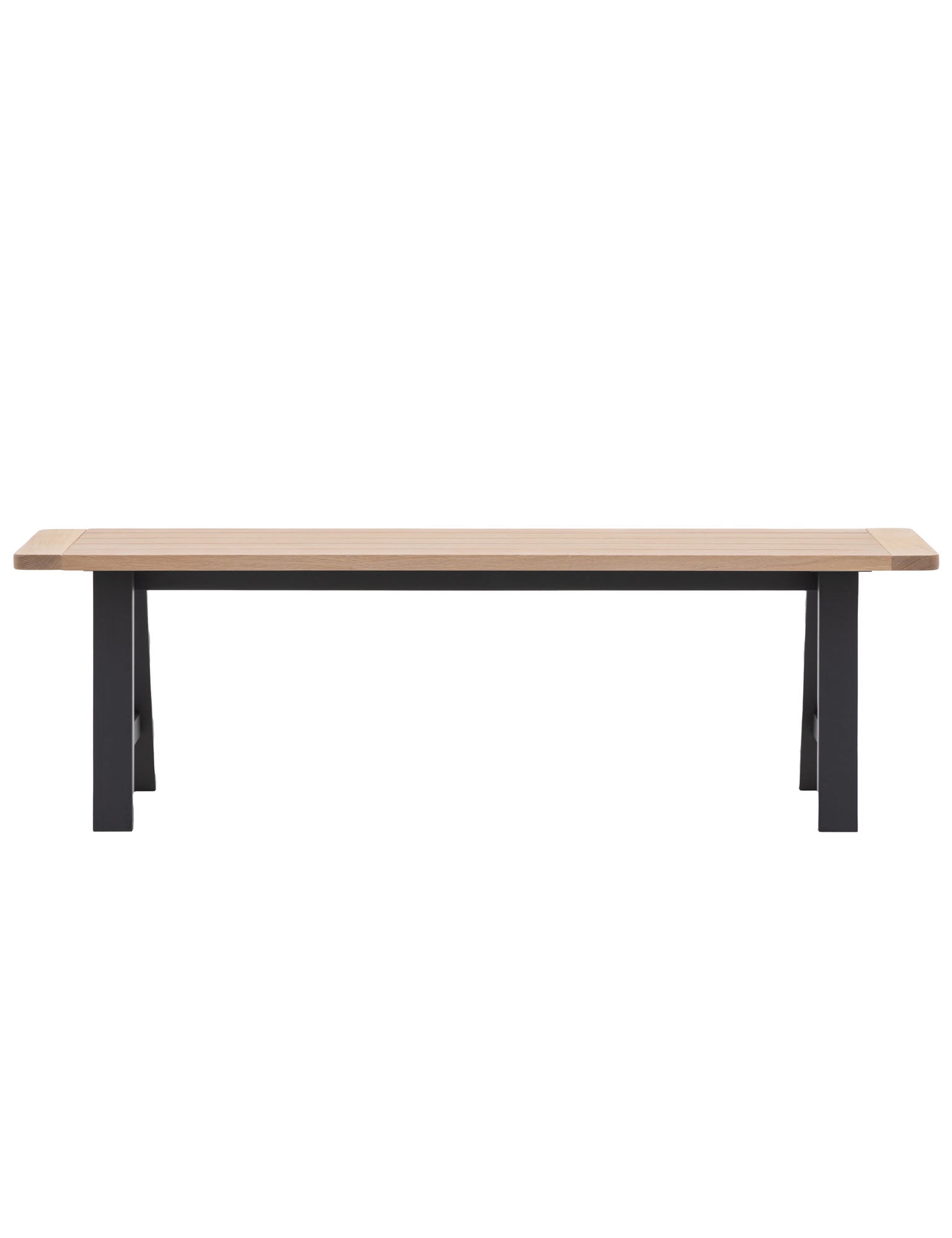 Farmhouse tressle bench with oak top and painted in ink blue