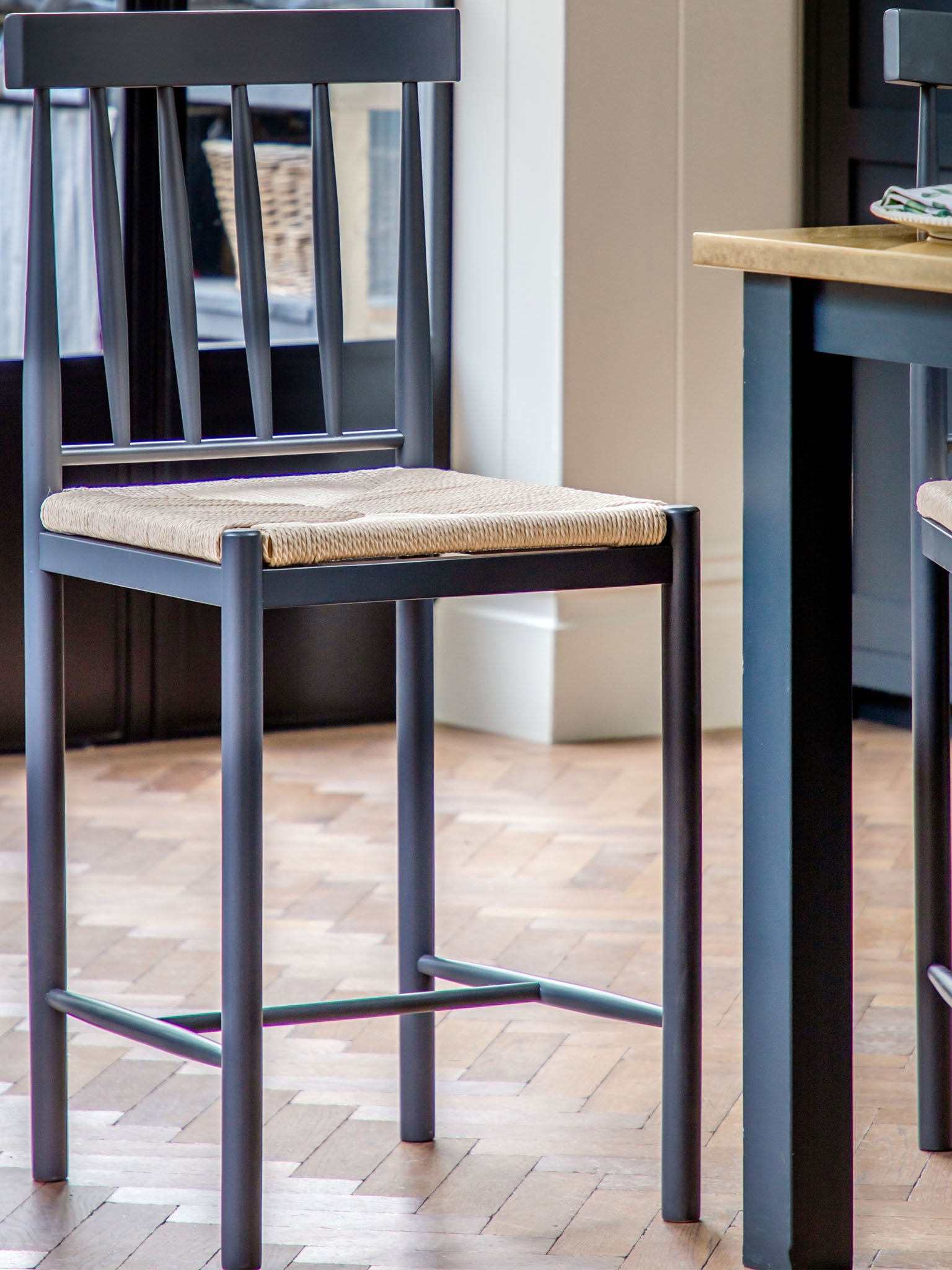 Farmhouse wooden bar stools with woven rope seat