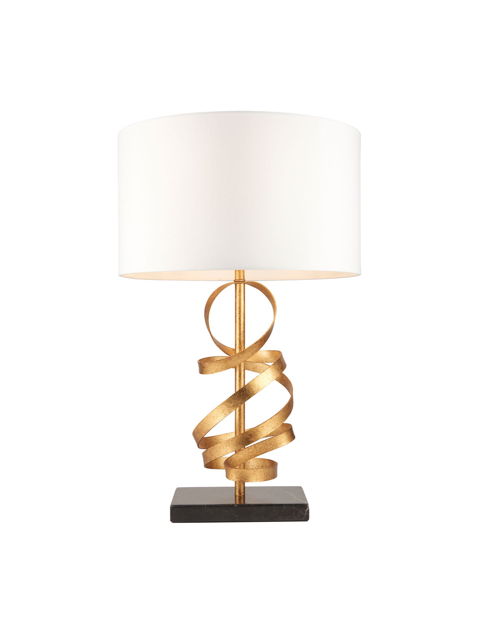 gold lamp with white shade and black base
