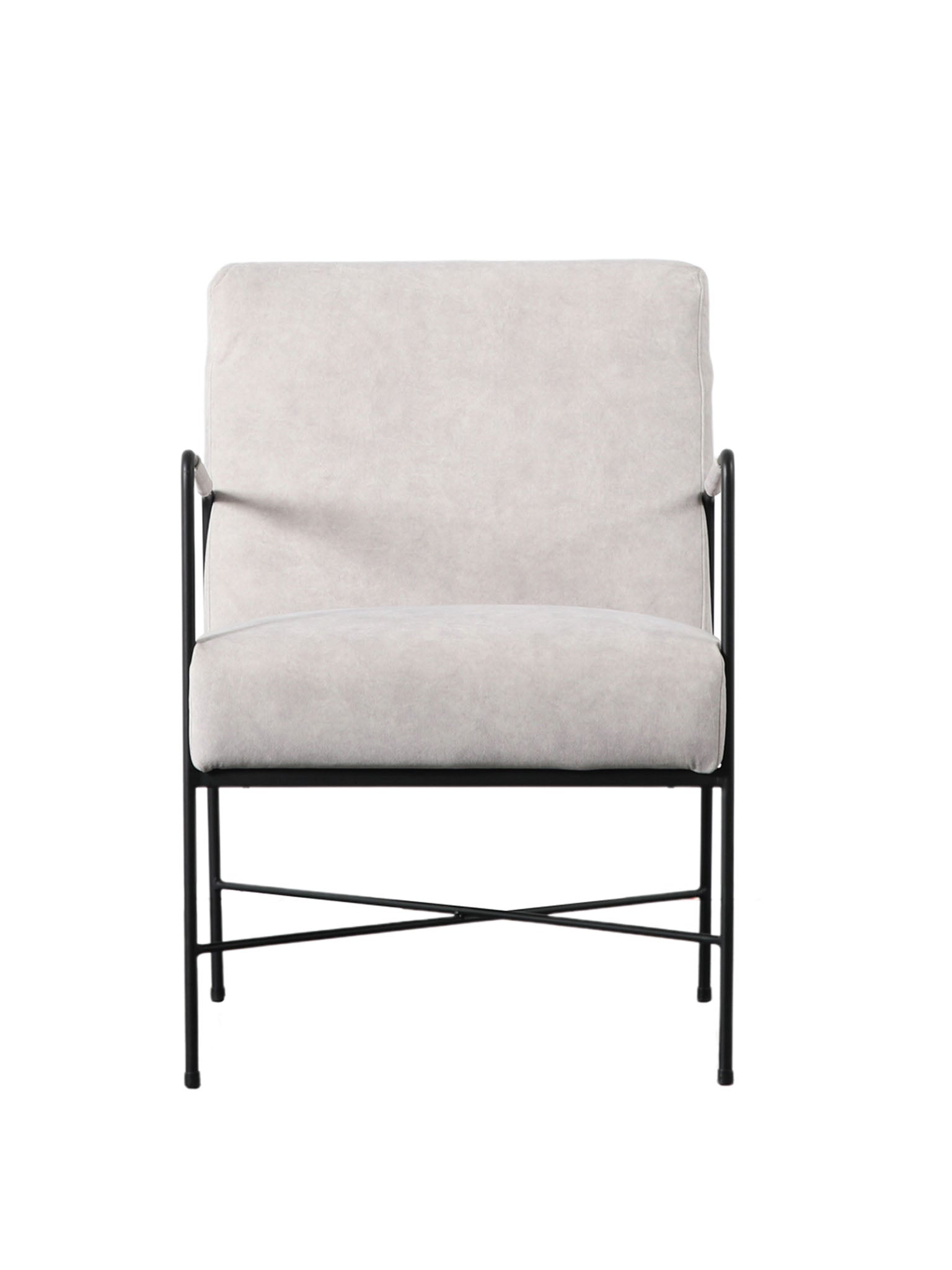 white fabric, metal frame armchair
