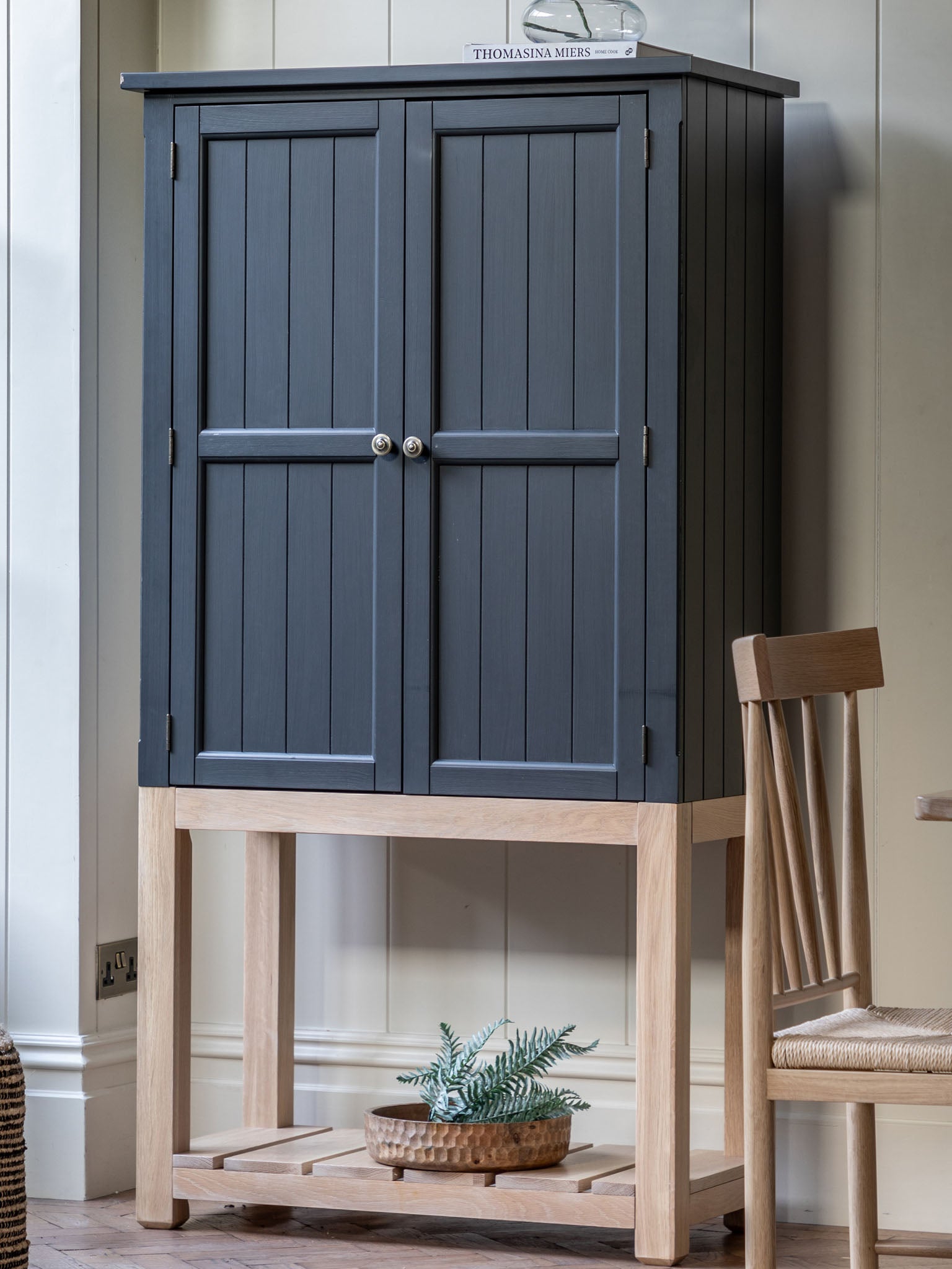Farmhouse style oak cupboard painted in meteor