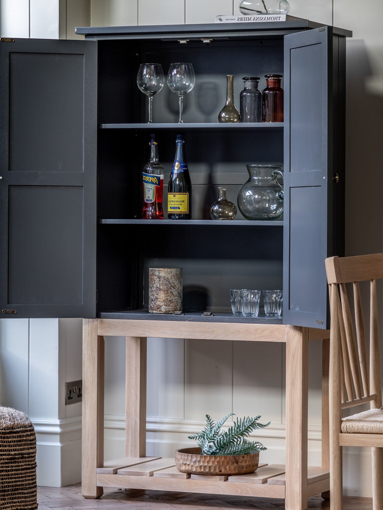 Farmhouse style oak cupboard painted in meteor