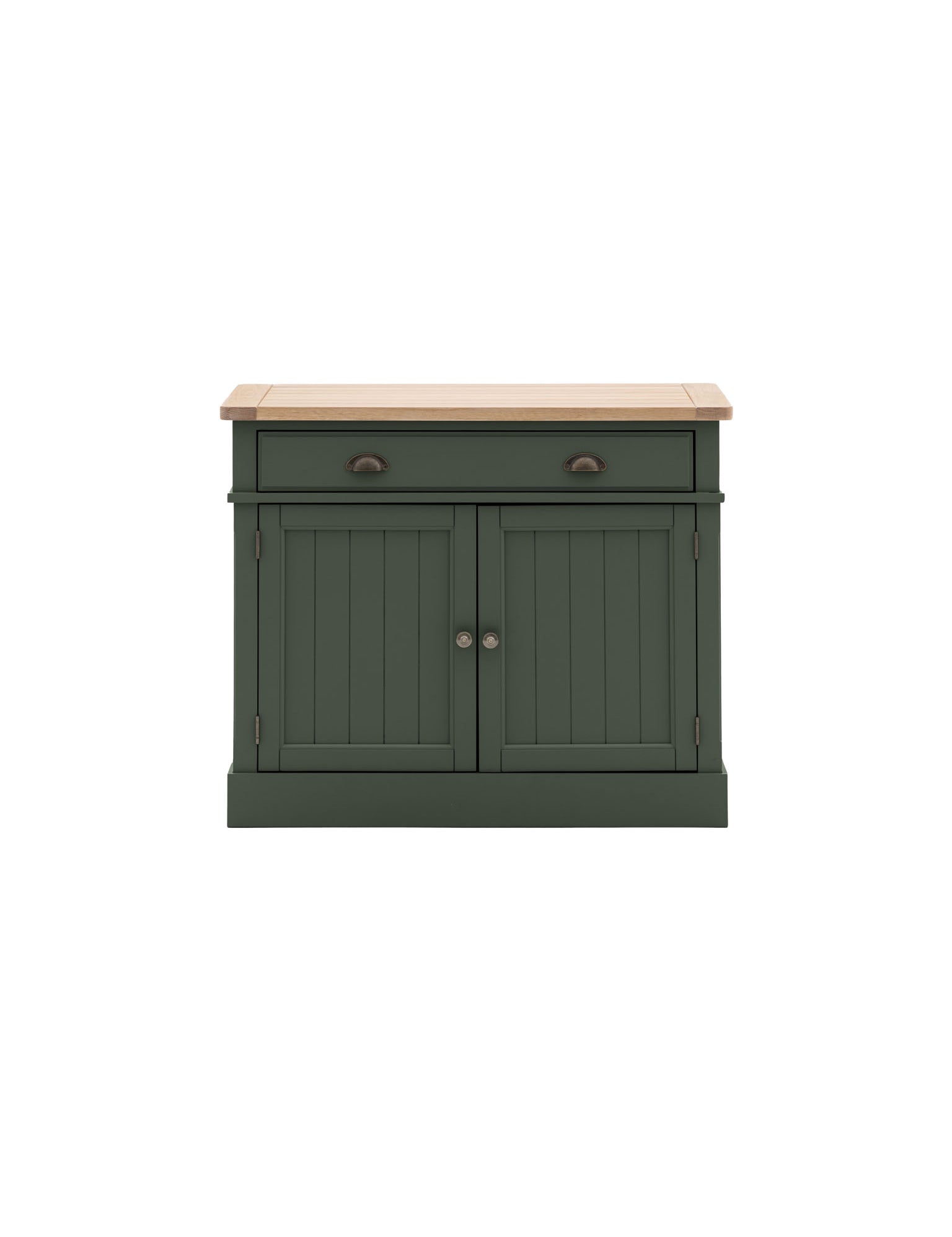 Farmhouse, oak top, 2 door cabinet, moss green