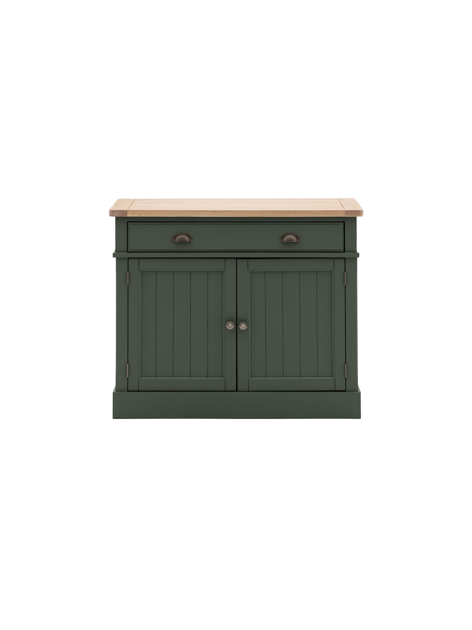 Farmhouse, oak top, 2 door cabinet, moss green
