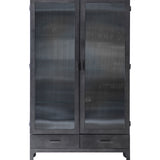 grey metal, glass front cabinet