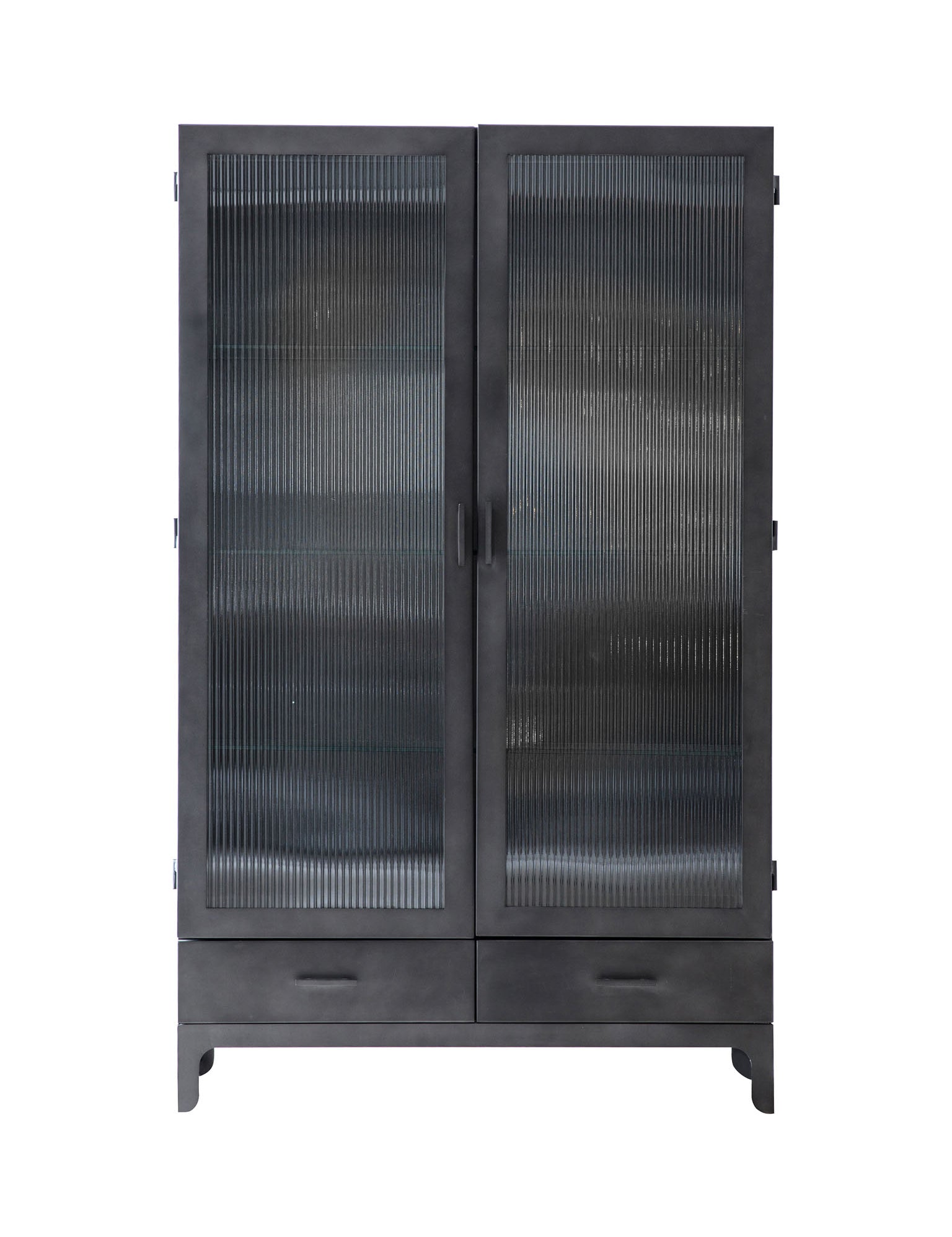 grey metal, glass front cabinet