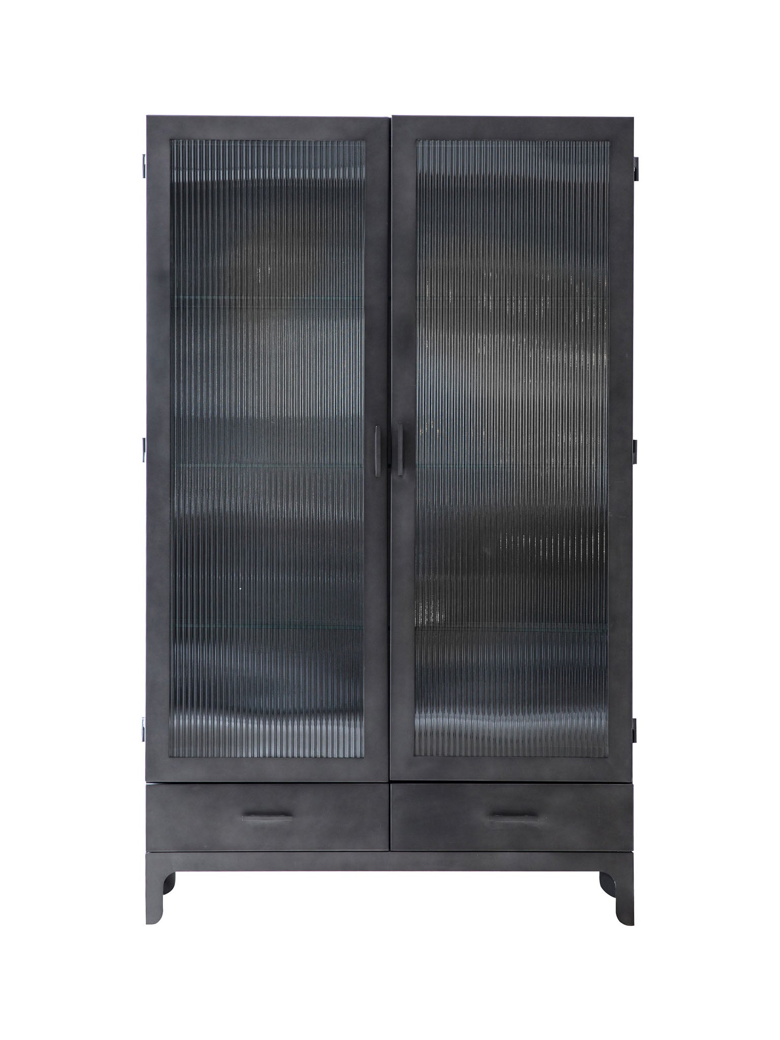 grey metal, glass front cabinet