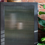 grey metal, glass front cabinet