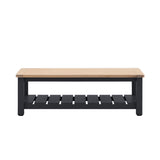 Farmhouse style oak top coffee table painted in meteor