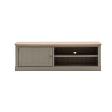 farmhouse style oak top media unit painted in olive green