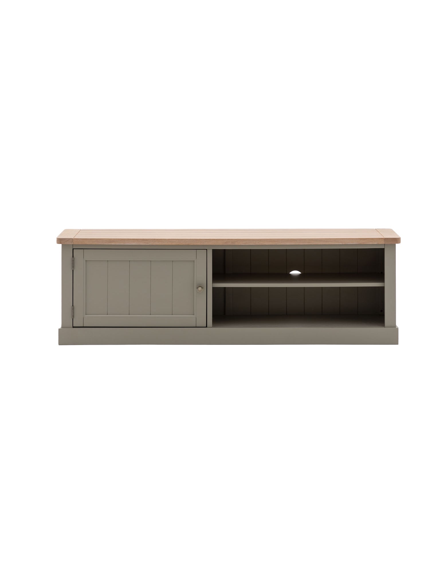 farmhouse style oak top media unit painted in olive green
