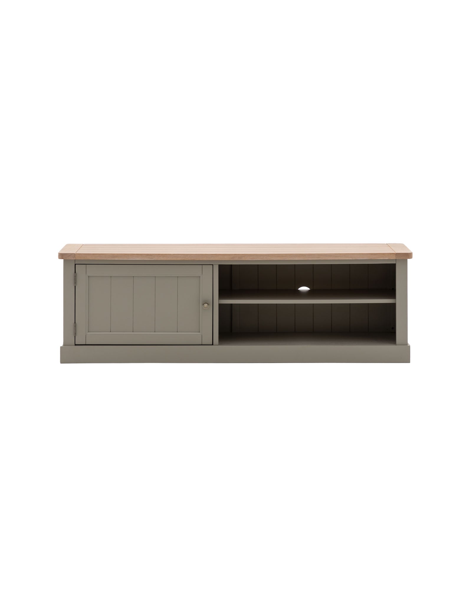 farmhouse style oak top media unit painted in olive green