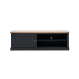 farmhouse style oak top media unit painted in dark navy