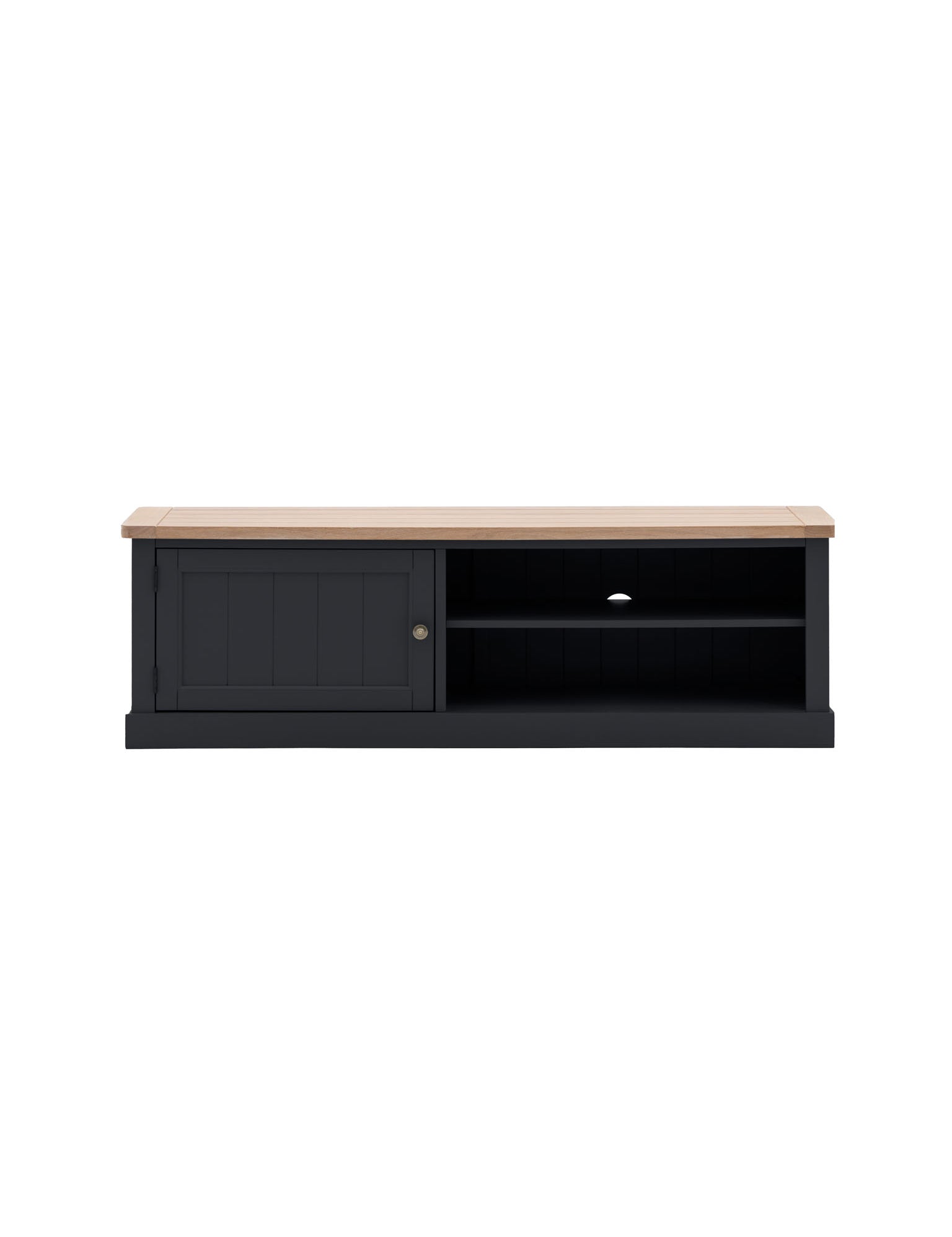farmhouse style oak top media unit painted in dark navy