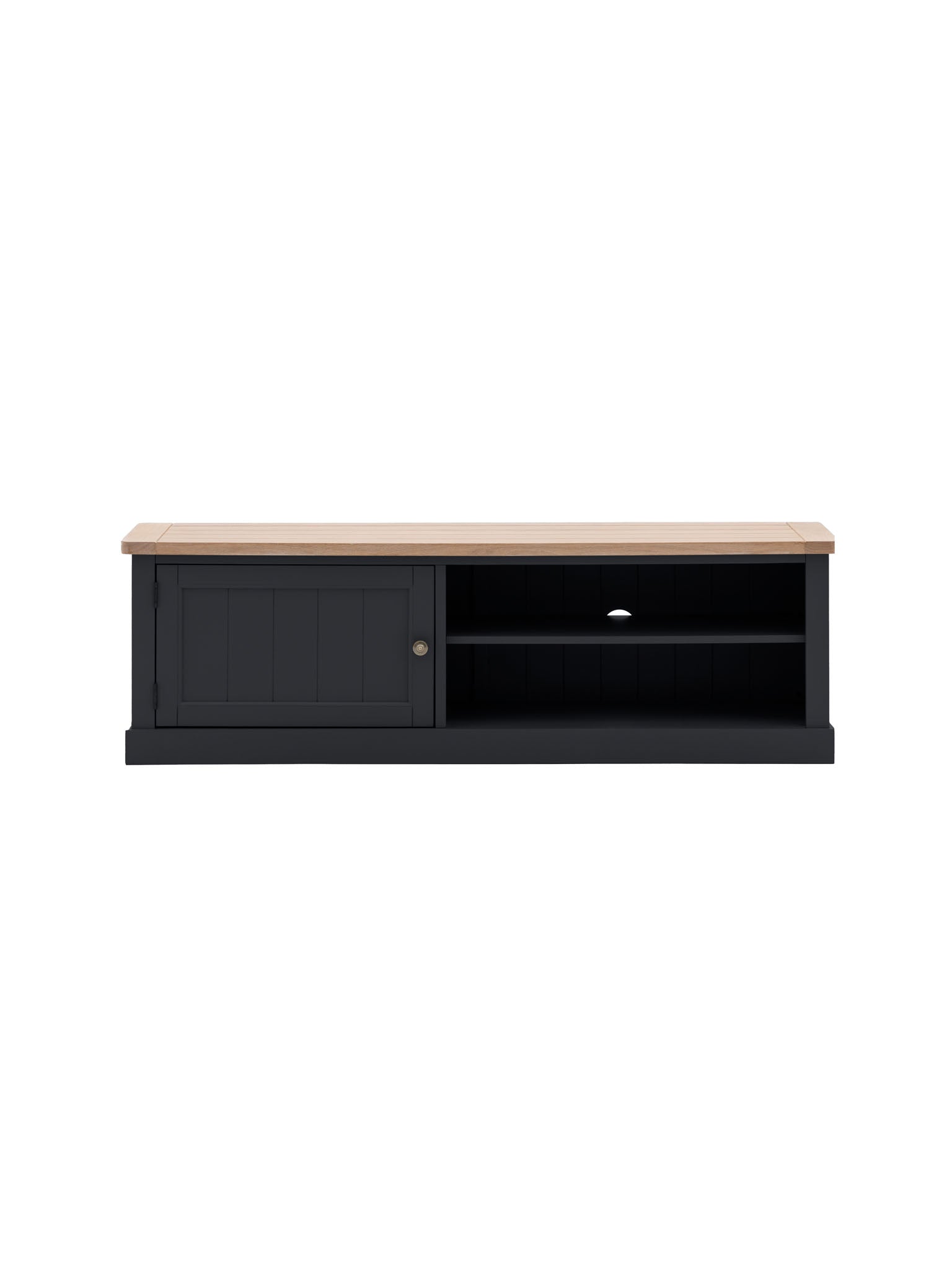 farmhouse style oak top media unit painted in dark navy